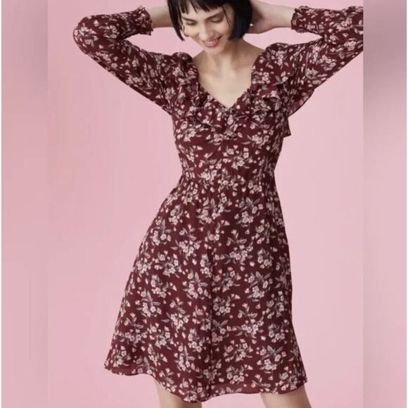 Rebecca Taylor Tilda Floral 100% Silk Ruffle Dress in Burgundy Size 6 - Picture 14 of 14